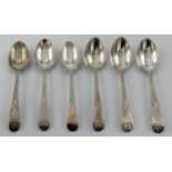 A harlequin set of six bright cut George III silver teaspoons.