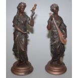 A pair of early 20th century spelter female figures in classical style, one with a lute,