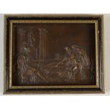 A bronze plaquette showing a classical interior with a seated centurion and his family in an