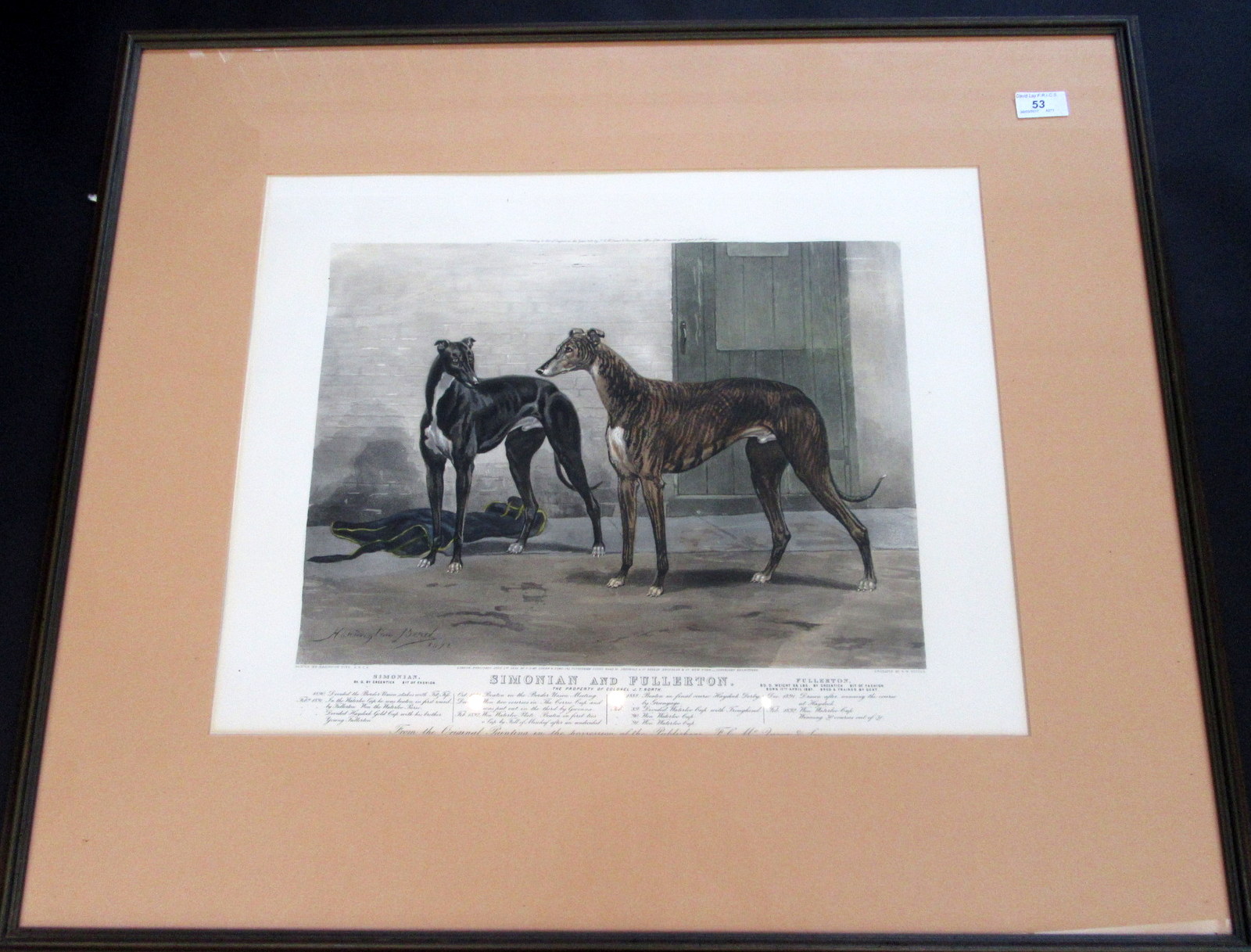 A Victorian coloured print of the two greyhounds "Simonian and Fullerton, the Property of Colonel J.