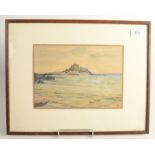 A watercolour of St Michaels Mount seen from Marazion beach at low tide,