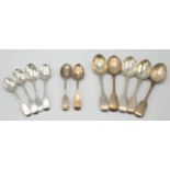 Eleven various Fiddle pattern silver spoons, 12oz.