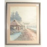 A Japanese watercolour of a rural scene with thatched homes beside a stream,