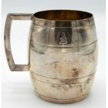 A Calcutta silver mug in the form of a barrel with Masonic crest, by Cook & Kelvey, 7.8oz.