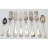 A set of five Victorian silver table forks, London 1846, a silver Newcastle fork 1798 etc., 10.7oz.