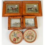 A pair of 19th century horse racing prints in birds eye maple frames,