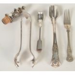 A King's pattern stilton scoop, a pair of tongs, a wine bottle pourer etc.