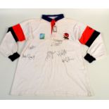 A signed England Rugby World Cup cotton sweater, with eight signatures to the front including