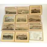 A set of eleven glazed place mats each with an original engraving from 'The Modern Universal