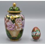 A Chinese cloisonne jar and cover, the green ground decorated with a basket of flowers,