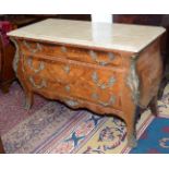 A French Louis XV style bombe marquetry commode with marble top and ormolu mounts,