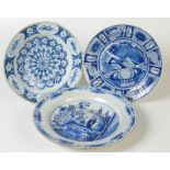 Three 18th century delft pottery tin glazed dishes,