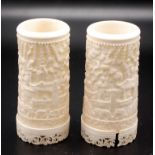 A pair of Chinese Canton ivory brush pot style vases,