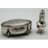 A quatrefoil small silver jewel box and an Edwardian vase shaped silver pepper pot.