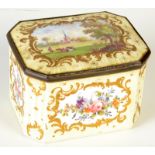 An 18th century English enamel box, with a yellow ground and gilt acanthas leaf decoration,