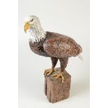 A life size painted sculpture of a sea eagle 'Erne' standing on a square post,