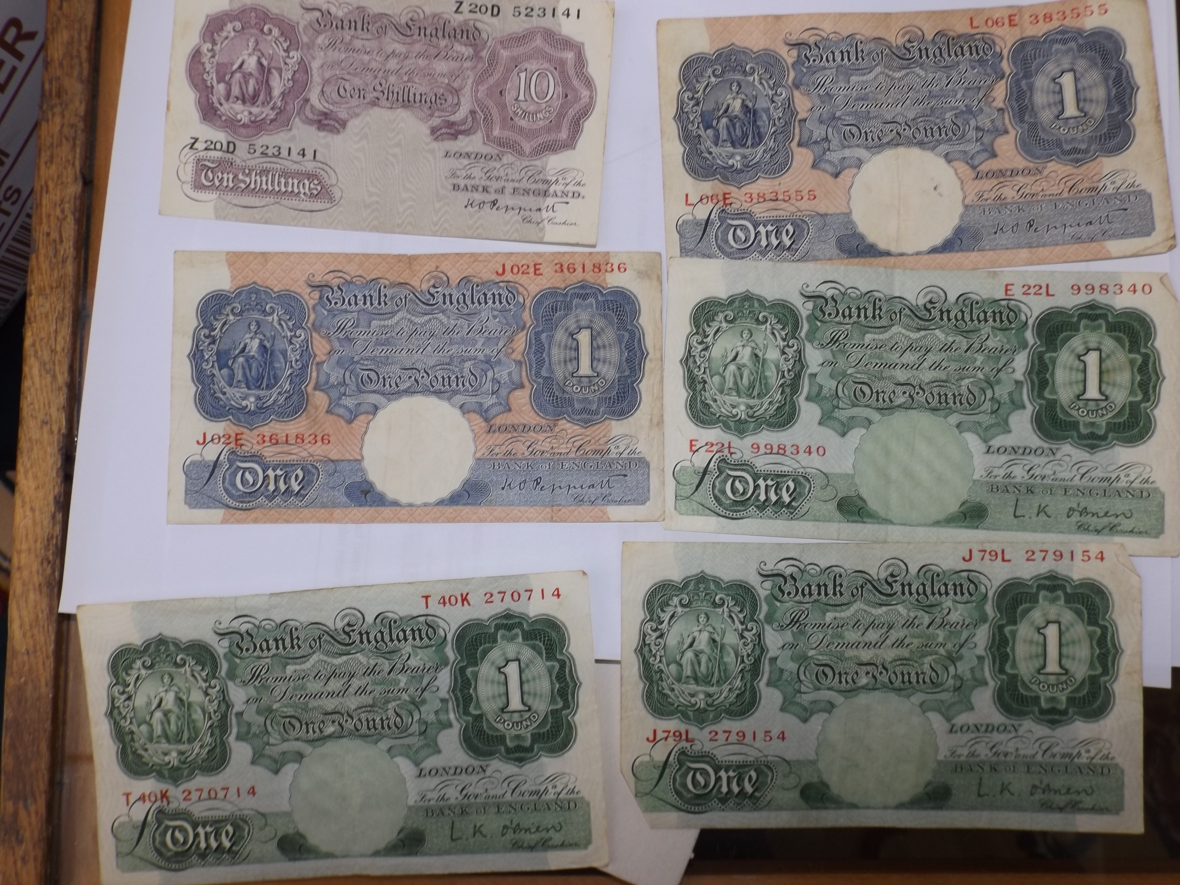 Banknotes:- 5x £1 including two war-time and a 10/- note. - Image 2 of 2