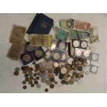 Miscellaneous coins and banknotes including 1953 and 1960 crowns.