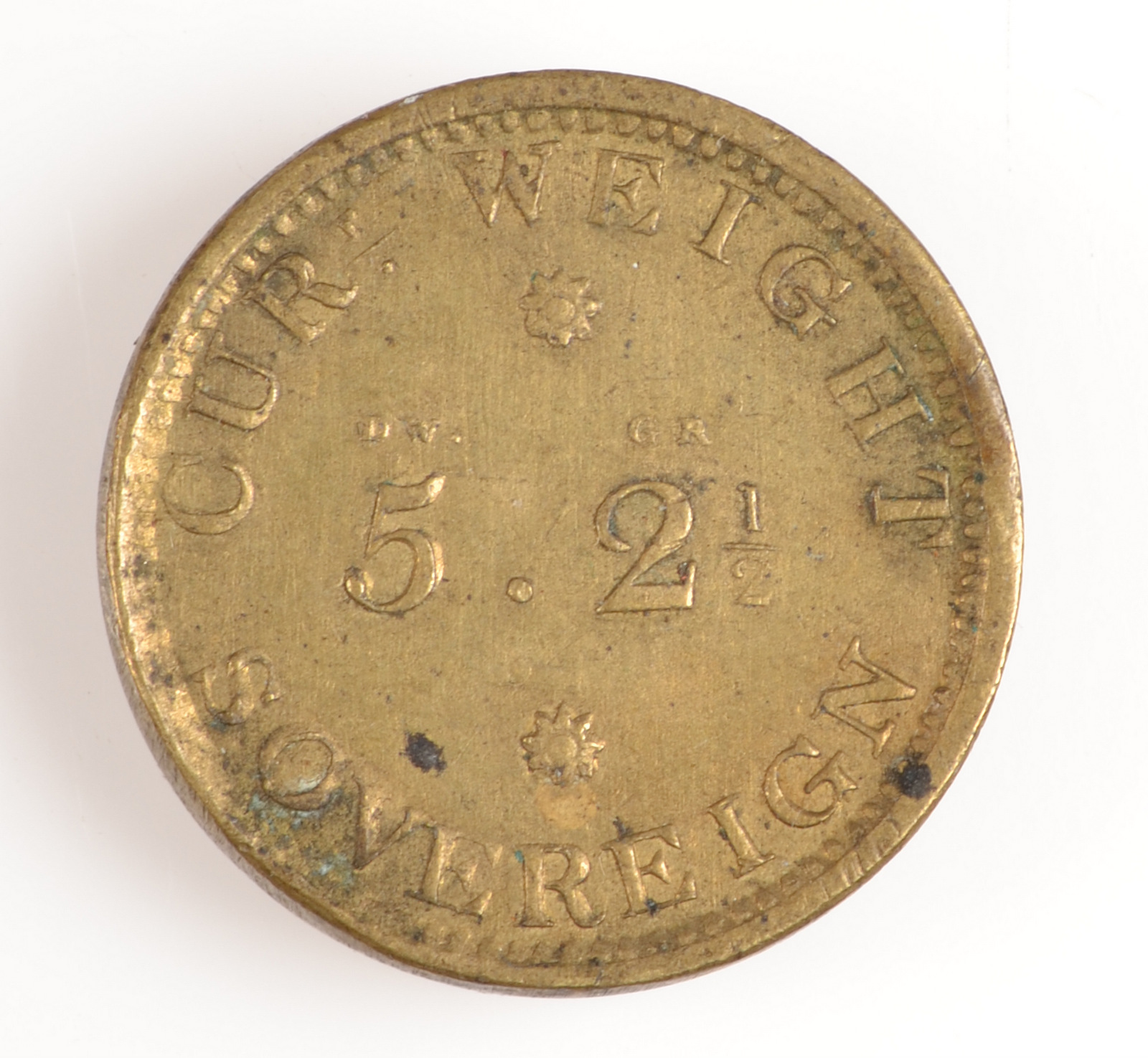 A coin weight:- "Royal Mint 1821","CUR weight 5/2 1/2d sovereign. - Image 2 of 2