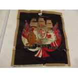 WOOLWORK MARITIME EMBLEM. Sailing Vessel & Coat of Arms, 20 x 16 inches, worn c1880's.