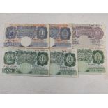 Banknotes:- 5x £1 including two war-time and a 10/- note.