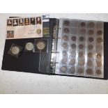 A coin album containing British coinage:- farthings to half crowns plus two proof 50p coins.