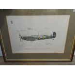 Signed aviation print:- Spitfire by Keith Broomfield (1980) signed by 20 pilots including Wing