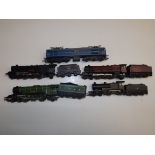 Four 00 gauge tender locomotives by Tri-ang and an electric locomotive.