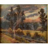 H HEM(?) Rural Landscape Oil on panel Indistinctly signed and dated Framers label on the reverse 19