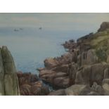 WILLIAM E WILLATS Figures on the rocks near Lamorna Watercolour Signed 33 x 44cm