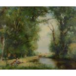 NICOL LAIDLAW Children by a millstream Oil on board Signed 37.8 x 45.