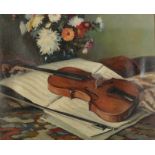 European School Still life of a violin Oil on canvas Indistinctly signed 50 x 60cm