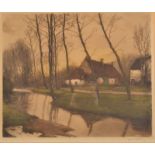 TOLLIDAY (?) Farm Buildings by A River Coloured etching Signed and dated '77 49 x 59cm