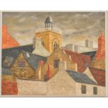 J E TIPPLESTON Rooftops Oil on board Signed Artists label on the back 61 x 76cm