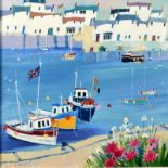 SUE McDONALD Flowers on the Quay Acrylic on board Signed and dated '01 Titled on the back 30 x 30cm