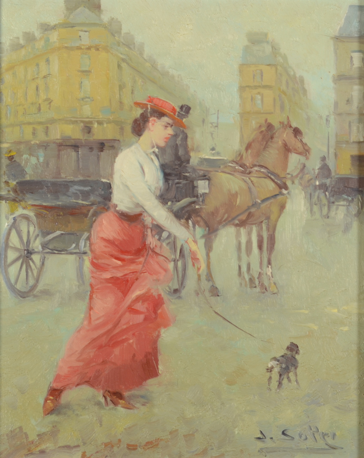 JUAN SOLER An Edwardian lady walking her dog in a Parisian Street Oil on canvas Signed 26 x 20.