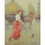 JUAN SOLER An Edwardian lady walking her dog in a Parisian Street Oil on canvas Signed 26 x 20.