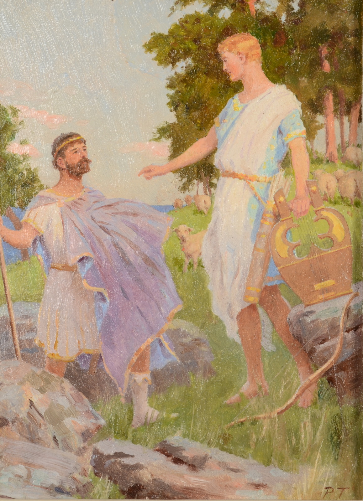 PERCY TARRANT Advice From The Gods Oil on board Initialed 21 x 16cm