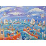 JOHN DYER Boats and Waves Oil on Canvas Signed Titled on the back 45 x 60cm