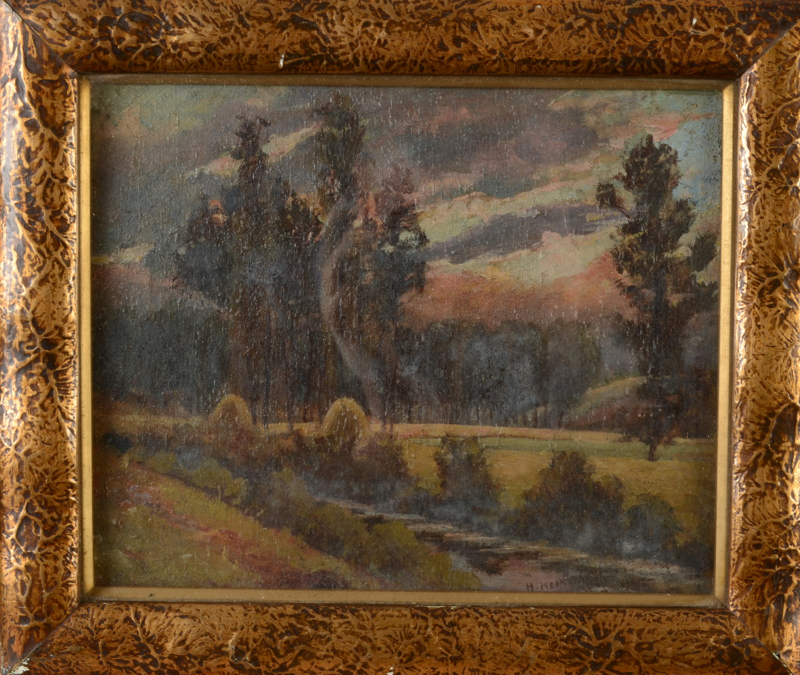 H HEM(?) Rural Landscape Oil on panel Indistinctly signed and dated Framers label on the reverse 19 - Image 2 of 3