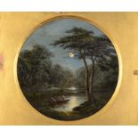 ROBERT BURROWS A boat on a moonlit river Oil on panel Signed 15cm diameter