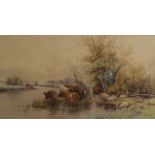 TOM ROWDEN Cattle and sheep beside a river Watercolour Signed 30 x 56cm