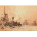 CHARLES DIXON Shipping on the Thames Watercolour Signed 35 x 51cm