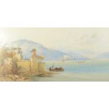 FRANK CATANO A view to mountains and a ruined castle across a bay Watercolour Signed 29 x 57cm