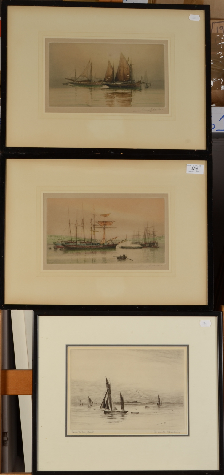 FRANK HARDING Poole Fishing Boats Etching Signed Together with Henry G Walker Pair of marine