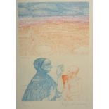 ROGER DESCOMBES Figures before a city Etching in colours Signed #8/25 Plate size 30 x 20.