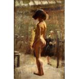 Follower of DAME LAURA KNIGHT Standing nude in an artist's studio Oil on canvas 76 x 51cm The