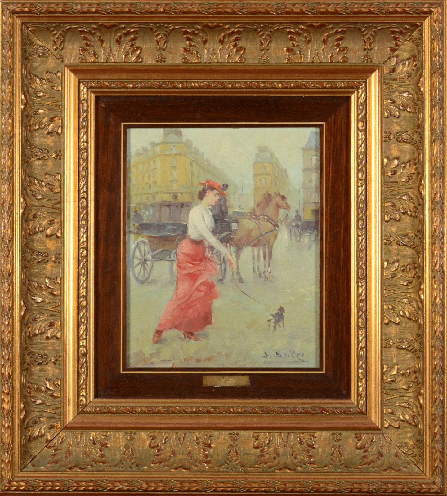 JUAN SOLER An Edwardian lady walking her dog in a Parisian Street Oil on canvas Signed 26 x 20. - Image 2 of 2