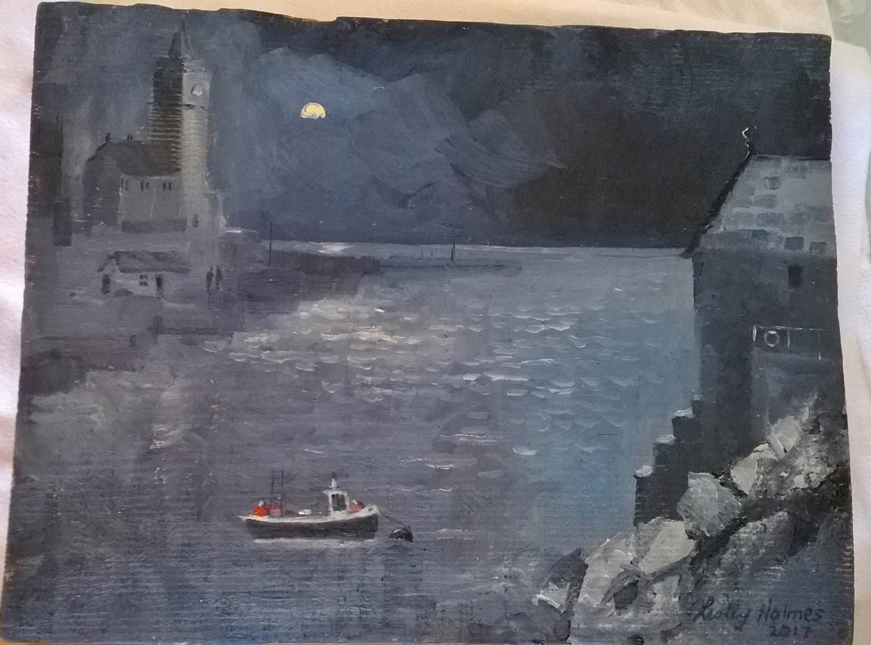 Artist: Lesley Holmes Title: Porthleven Moonlight Size: 38.5 x 30 x 2.