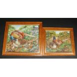 Two watercolour and gouache paintings by Lynne Jones of woodland scenes with pheasants,